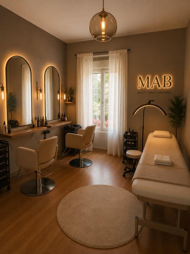 La Maison des Artisans Beauté (MAB) — Cabine esthétique / bien-être · Poste de prothésie ongulaire · Fauteuil de coiffure · Poste de maquillage