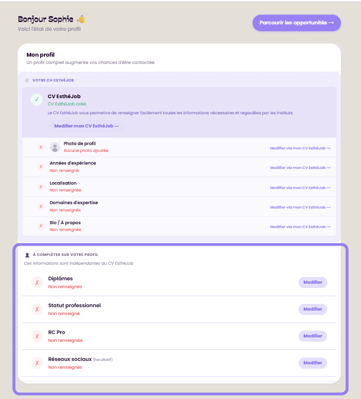 En bas de votre profil : les informations complémentaires, entourées