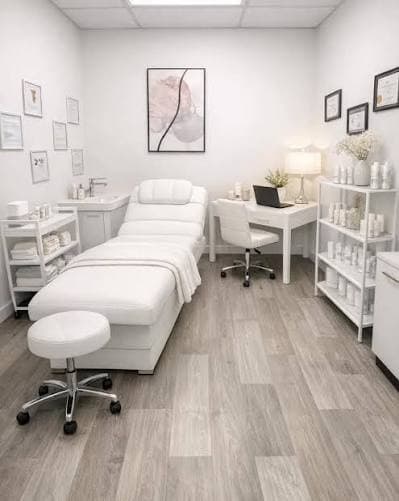 Cabine esthétique blanche équipée : table de soin, tabouret, bureau et étagères de produits